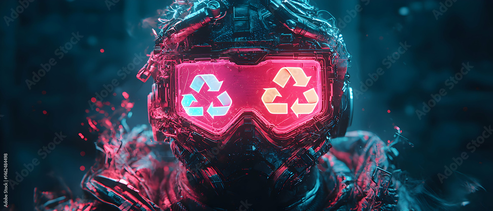 Poster cybernetic figure with glowing recycle symbols. use for environmental tech concepts. create posters 