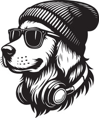 Cool Dog with Headphones, Sunglasses, and Beanie - Black and White Hipster Animal Illustration