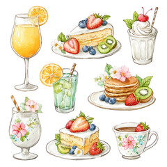 Watercolor illustration depicts various beverages and desserts with fruit
