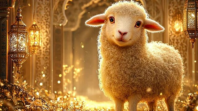 A fluffy white sheep stands in a beautifully decorated space with golden accents. Lanterns illuminate the scene, creating a warm atmosphere for Eid al-Adha celebrations.