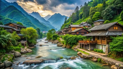 Fototapeta premium Mountain Village River Scenery: Breathtaking Documentary Photography of Rural Life