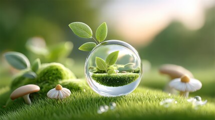 AI-Eco Future Style concept. Glass orb containing Earth s miniature microbiome