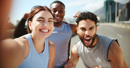 Happy people, portrait and fitness with selfie in city for photography, picture POV or workout celebration. Active group, friends or winning with smile for victory, achievement or memory in town