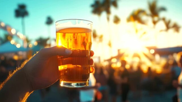 Plastic beer cup glows amber in sun, fingers tight around it, energy of summer bash visible in background crowd