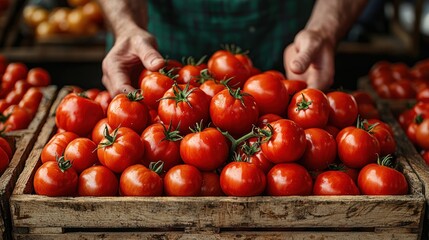 Farmer's hands presenting a crate of ripe red tomatoes at a market.