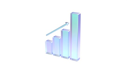 3d glass holographic bar chart, graph or diagram render icon. Rainbow crystal data analysis columns gradient line up.connection, finance, graph, growth, horizontal, no people, strategy, business,