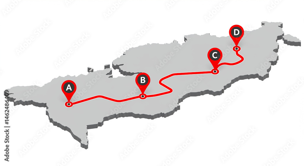 Poster map route with points a b c d showing path on a gray island map. the red line connects the points in