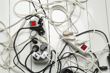 Extension power boards overloaded with plugs on wooden floor