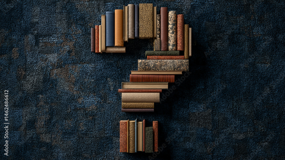 Poster books arranged in question mark shape on dark textured background, symbolizing curiosity, knowledge,