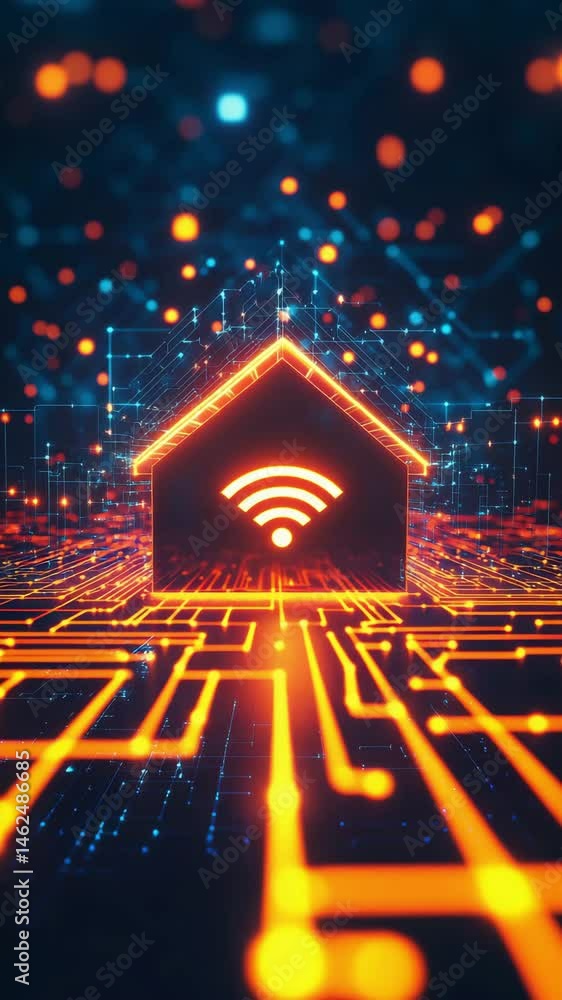 Poster glowing connectivity signals and pathways illustrate the concept of a smart home network in a futuri