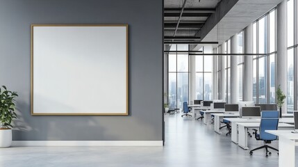 Fototapeta premium Blank poster mockup on wall in modern office interior with city view and open workspace environment featuring minimalist design elements. 3D Rendering, 