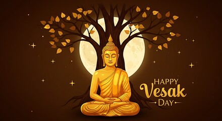 Golden Buddha Meditating Under Bodhi Tree with Vesak Day Greetings Against Moonlit Night Sky, Serene Vector Illustration