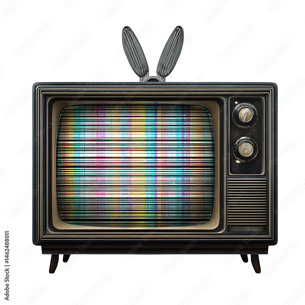 Poster retro television static screen rabbit ears isolated on transparent background