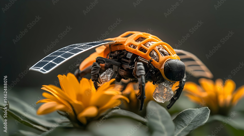 Poster a robotic bee sits on a yellow flower. this could be used as a visual for science education or envir
