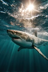 Naklejka premium Great White Shark Gliding Through Ocean – Shark Awareness Day