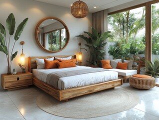 Tropical bedroom interior design, king bed, plants