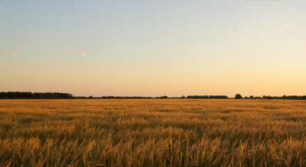 Obraz premium Golden wheat field at sunset with distant treeline silhouette against clear evening sky. Agricultural landscape for harvest season campaigns, farming industry and grain production marketing