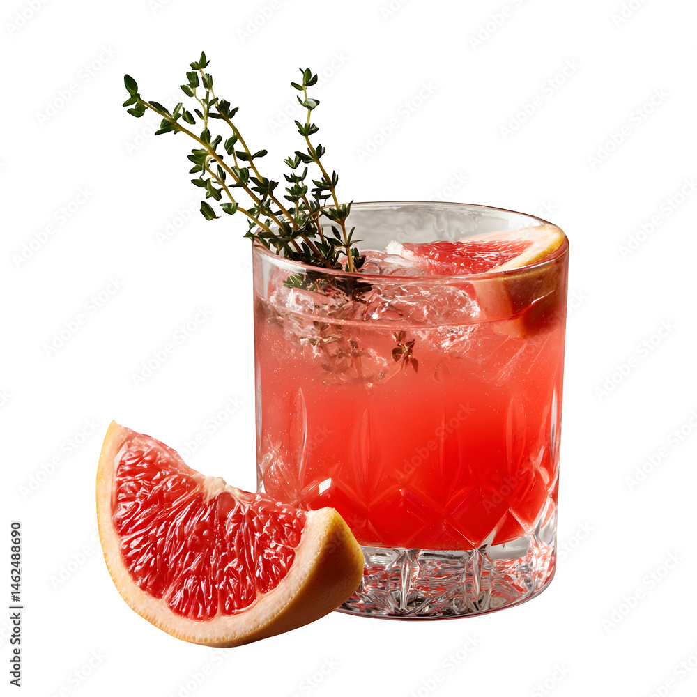Poster ruby red grapefruit cocktail sprig thyme isolated on transparent background