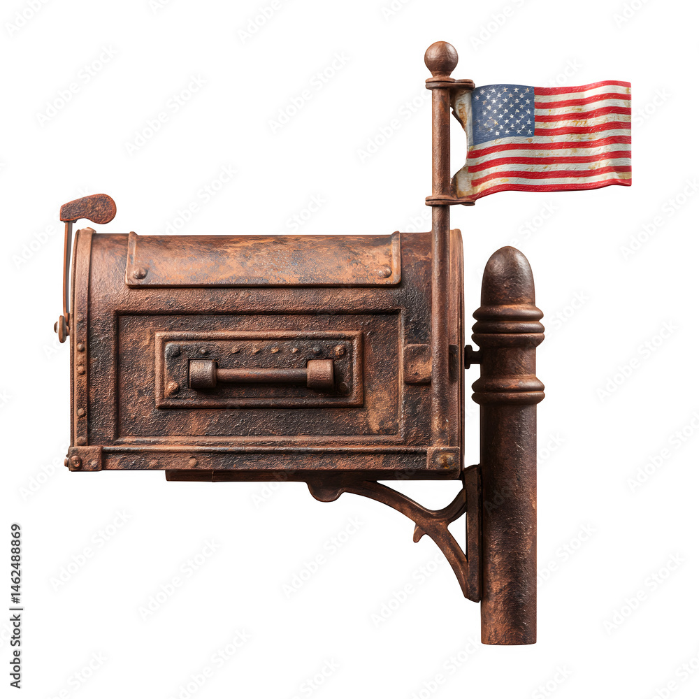 Poster rustic cast iron mailbox with flag up isolated on transparent background