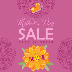 Sale special offer gift card modern floral design with wild flowers bouquet, birds butterfly pattern, pink ribbon yellow wreath Holiday Birthday Anniversary invitation Mother's Day banner for mom set