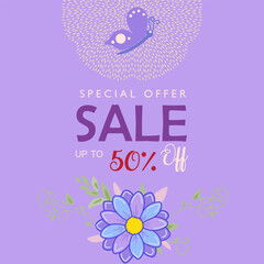 Sale special offer gift card modern floral design with wild flowers bouquet, birds butterfly pattern, pink ribbon yellow wreath Holiday Birthday Anniversary invitation Mother's Day banner for mom set
