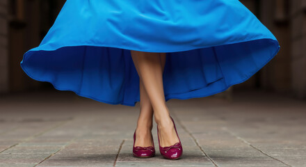 Woman in flowing blue dress wearing burgundy ballet flats with small bows. Elegant footwear complementing formal attire for special occasions, evening events and social gatherings