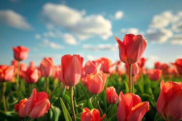 Beautiful tulips in a field, landscape with romantic sky. AI gen