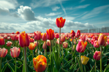 Fototapeta premium Beautiful tulips in a field, landscape with romantic sky. AI gen