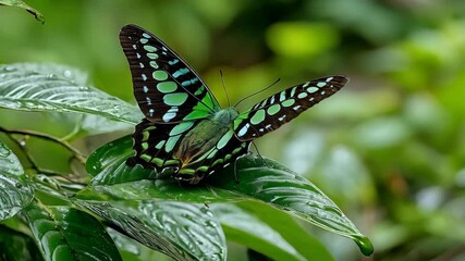 Striking butterfly with green spots perches gently on a vibrant green leaf in a natural habitat, creating a captivating nature scene.