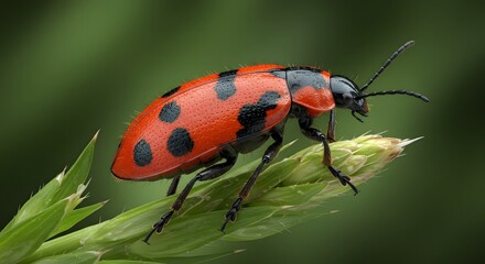 Red Beetle with Black Spots on Green Plant