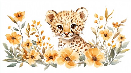Adorable Watercolor Illustration of a Cute Leopard Surrounded by Blooming Flowers