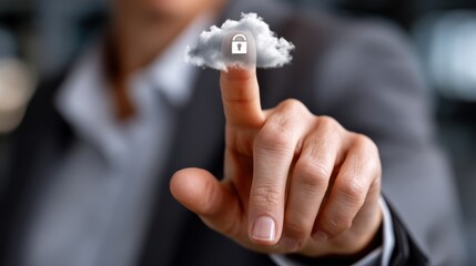 Businessman touching a cloud with a lock symbol representing cloud security and data protection technology