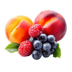 Fresh summer fruits including juicy peaches, sweet raspberries, and plump blueberries arranged on a white background creating a delicious and vibrant composition.