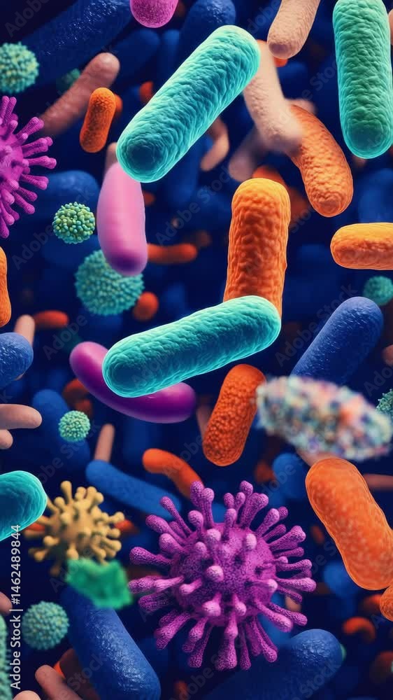 Poster microscopic life forms in various colors interacting with each other in a close up view