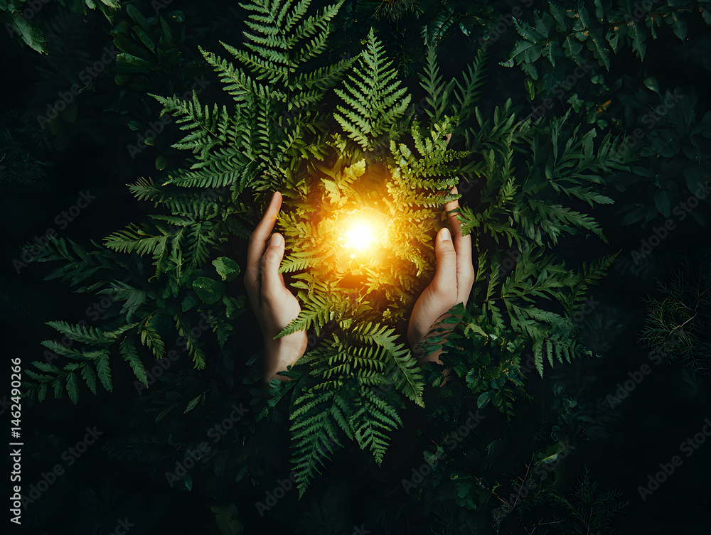 Poster hands cradle glowing light in fern. suggest for artistic expression or nature-themed designs. great 