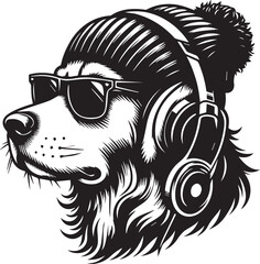 Cool Dog with Headphones, Sunglasses, and Beanie - Black and White Hipster Animal Illustration