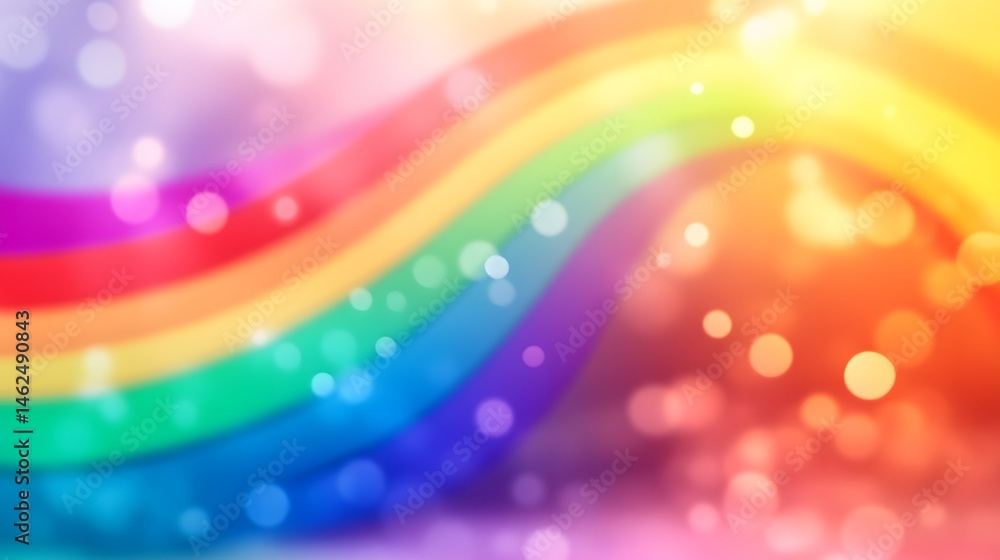 Poster Vibrant abstract design with soft rainbow curves and bokeh.