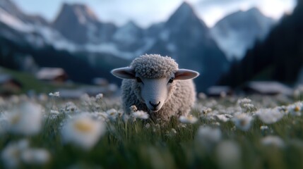 Obraz premium Fluffy lamb in a meadow, mountains in the background