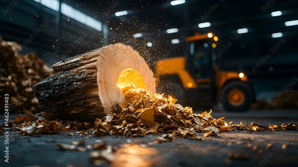 Poster image of a glowing log being cut sparks flying in an industrial setting. this could be used for fore
