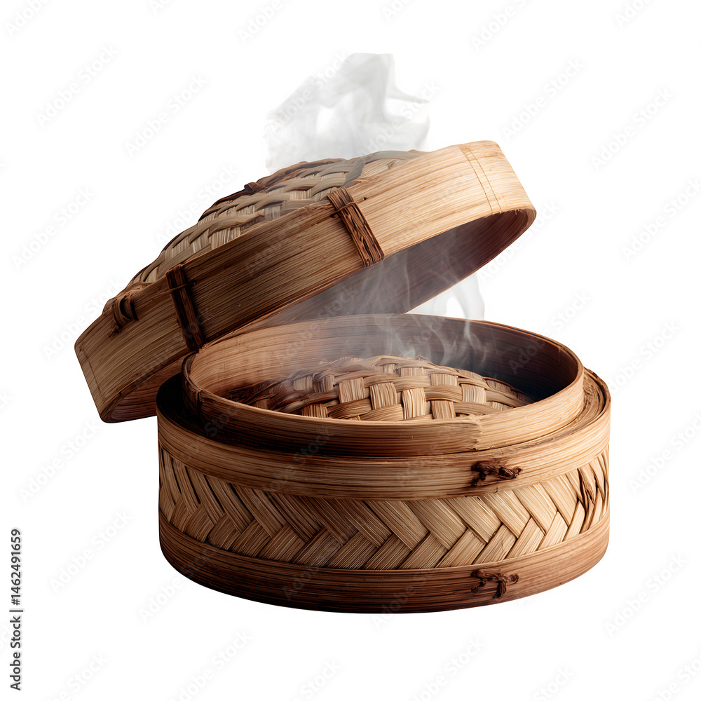 Poster steaming bamboo dim sum basket open isolated on transparent background