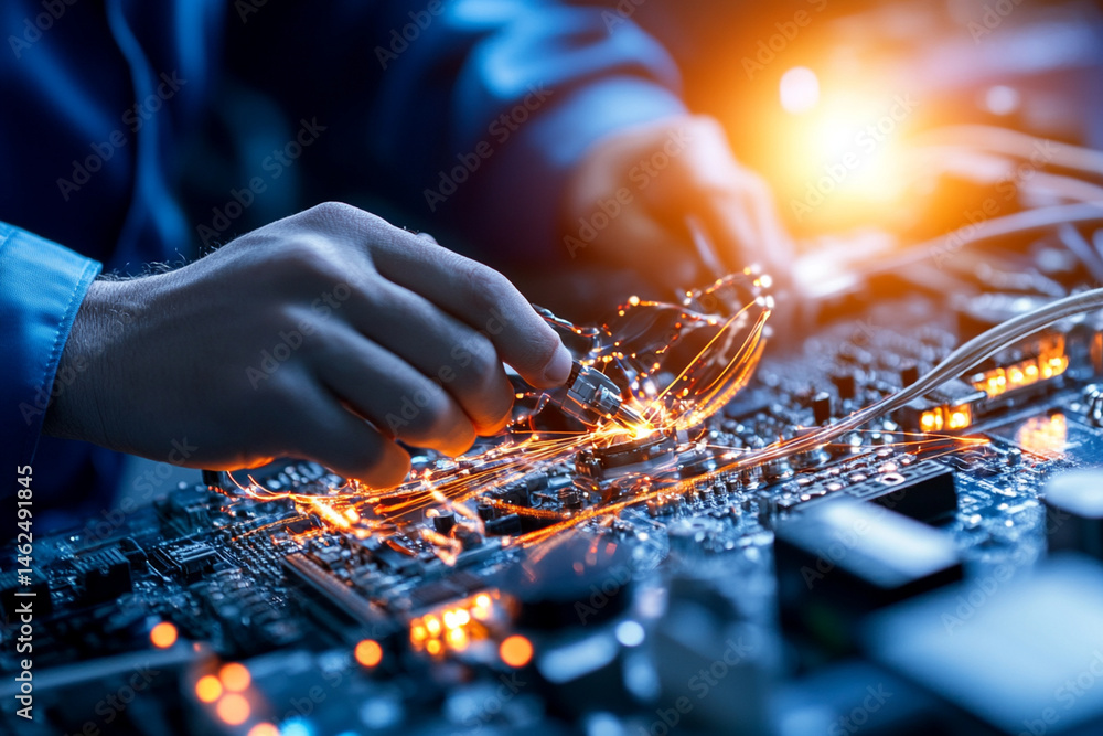 Poster worker operates robotic arm in cleanroom environment to assemble electronic components efficiently a