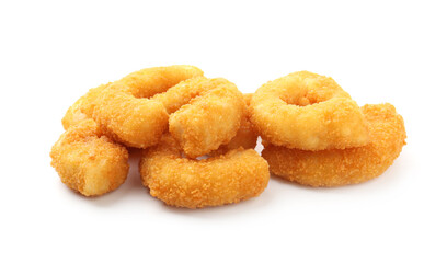 Many tasty tempura shrimps isolated on white