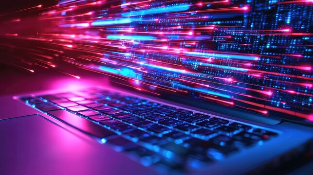Dynamic computer code displayed on a laptop.