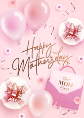 Happy mother's day vertical web banner, poster, greeting card design template. Realistic 3d helium balloons, envelope and gift box on pink background. Mother day. Vector illustration