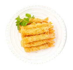 Many tasty tempura shrimps and parsley isolated on white, top view
