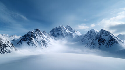 Fototapeta premium A peaceful scene of snow-covered mountain peaks with clear blue skies and a light breeze blowing, offering a serene and calm winter landscape.