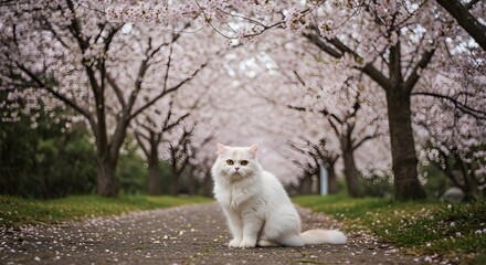 白猫と桜並木 | 春の風景、ペット、猫のポートレート、風景写真、ペット関連広告、春のイメージ
