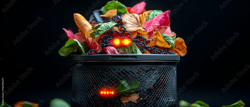 Poster a futuristic trash can overflowing with colorful illuminated contents. suggests a concept of digital