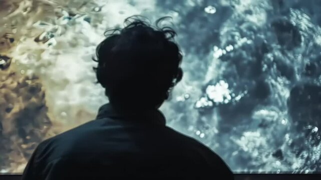 Silhouetted man gazes at abstract liquid simulation, contemplating the unknown future