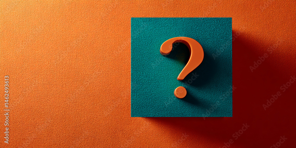Poster orange question mark on teal square, set against orange textured background free space for text or l